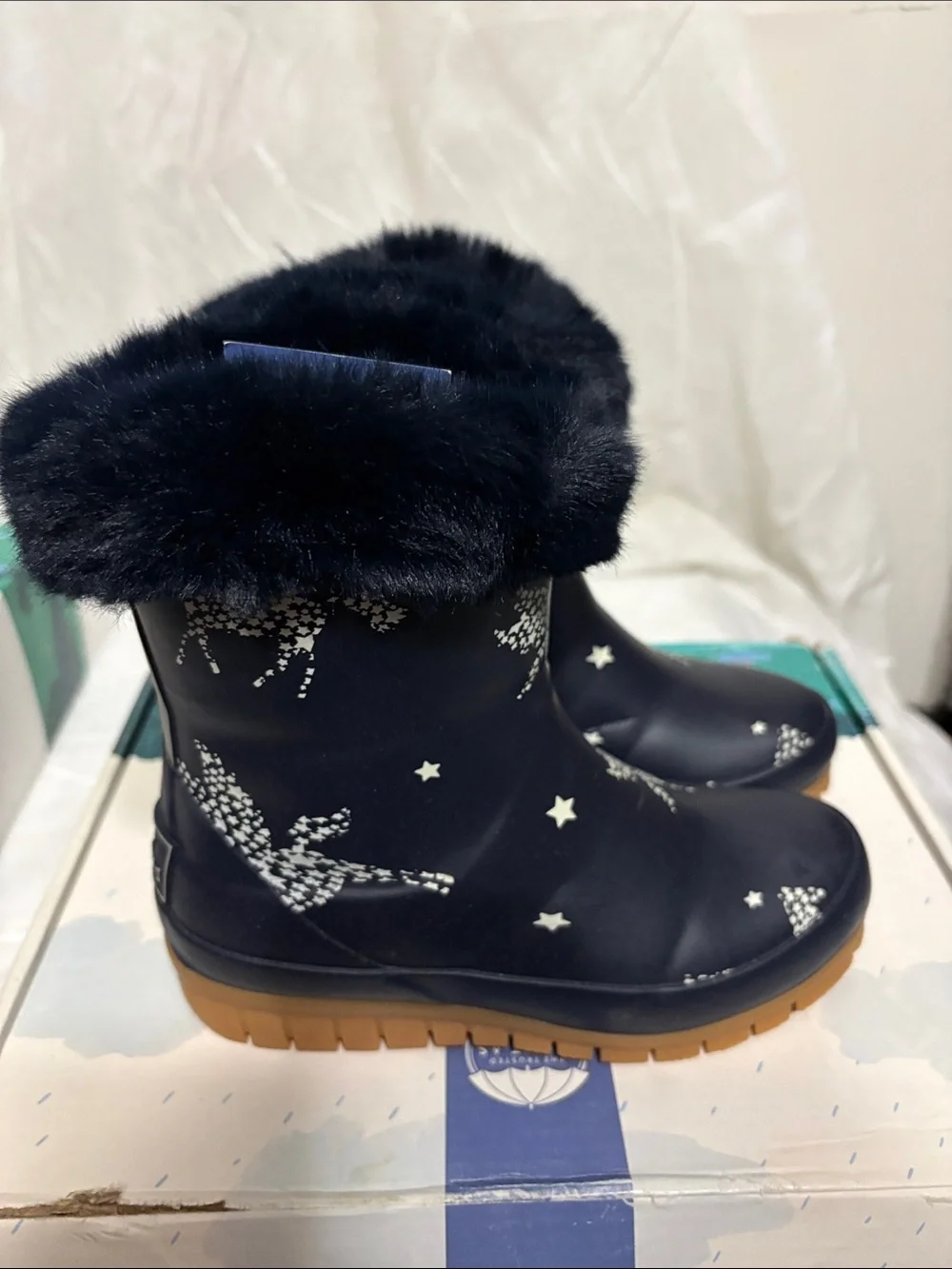 Joules Kids Faux-Fur Rain Boots size US 1 NWT